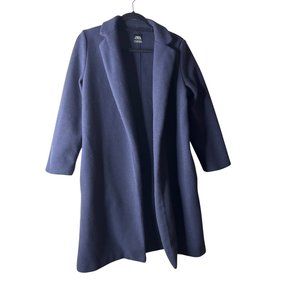Zara Womens Navy Longline Coat With Notched Collar